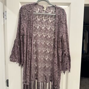 Gimmicks by BKE Purple Lace Fringe Cardigan